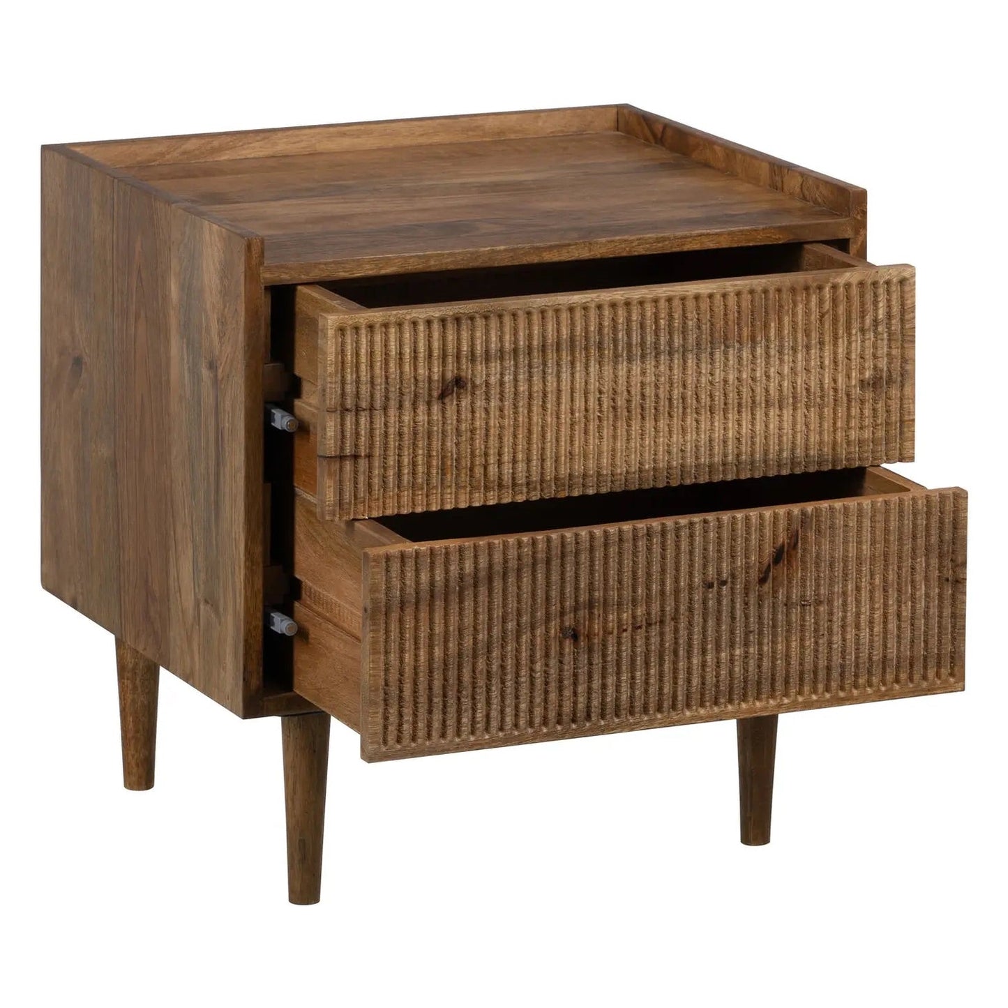 Moore Natural Mango Wood Nightstand with 2 Storage Drawers, Line Textured Pattern, European Style
