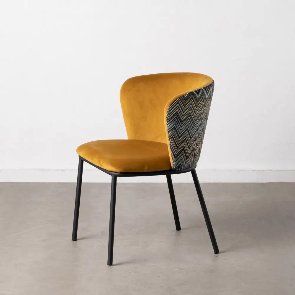 Mustard Geometric Print Velvet Dining Chair, Black Metal Finish (S/2)