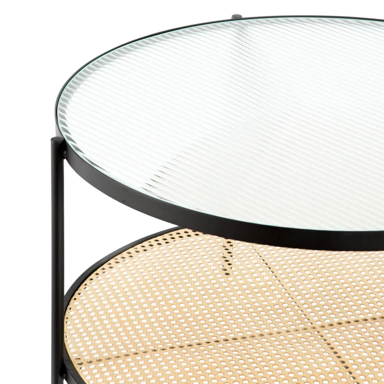 Natural Round Glass Coffee Table - Rattan Shelf Black Frame