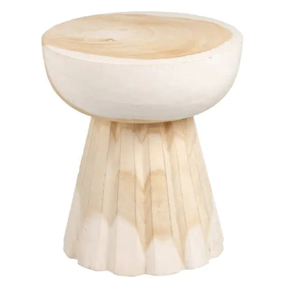 Natural Solid Suar Wood Drum End Table, Natural White