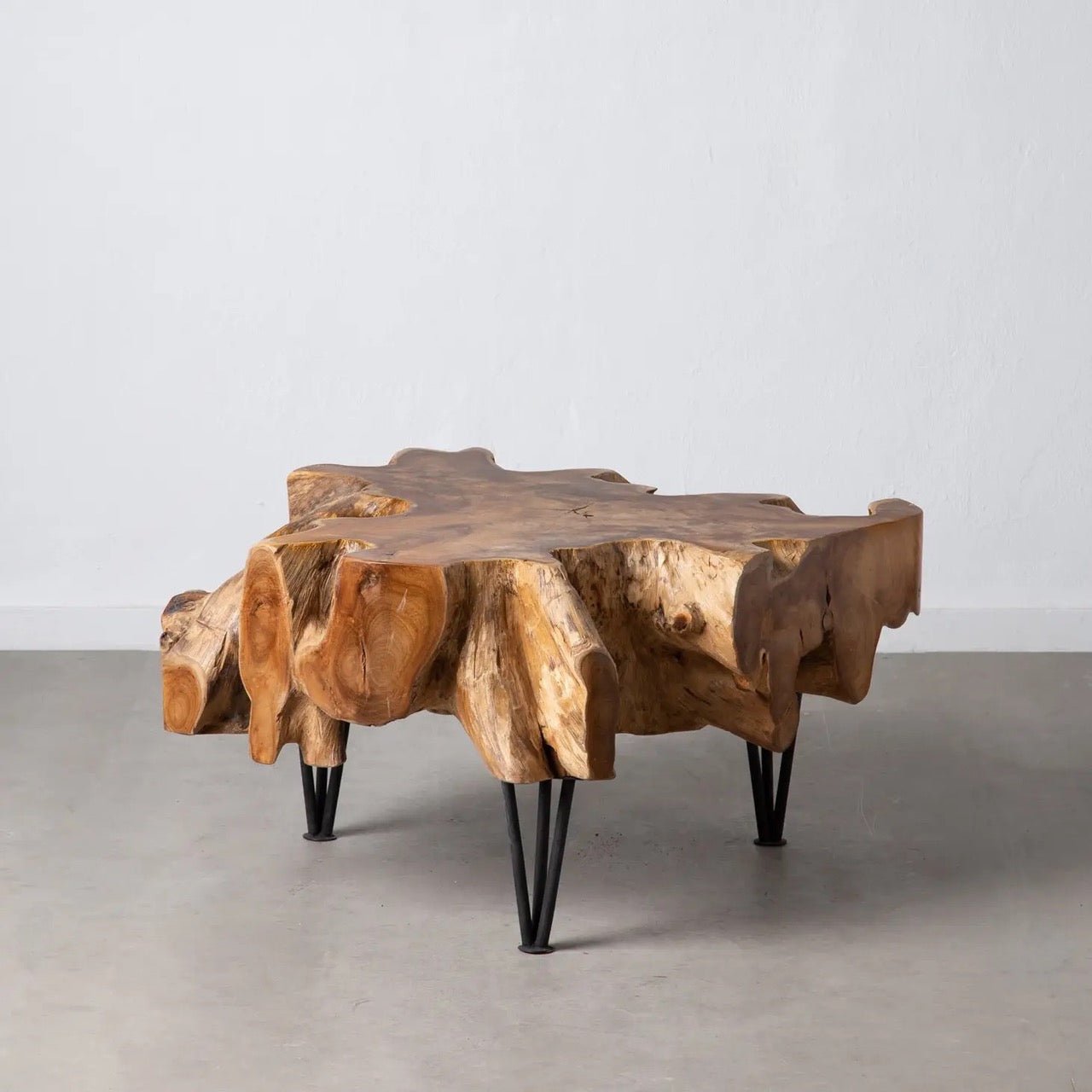 Natural Teak Organic Solid Wood Coffee Table - Live Edge Luxury Designer Chic Metal Base Iron Free Shaped