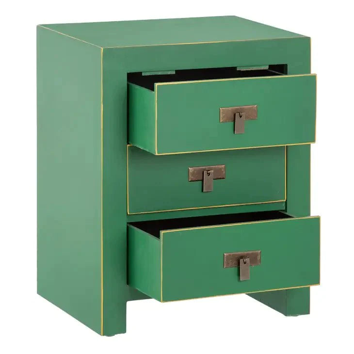 Oriental Wood End Table, 3-Drawer, Green/Gold