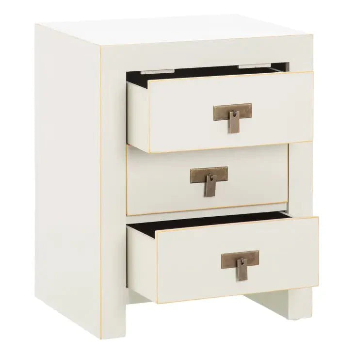 Oriental Wood Side Table, 3-Drawer, Cream/Gold