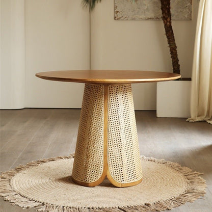 Ruma Rattan and Solid Wood Round Dining Table, multi size antique vintage modern contemporary luxury high end designer
