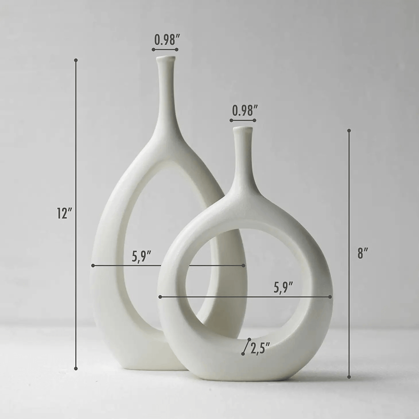 Set of 2 Modern Minimalist Ceramic Vases, Round Hollow