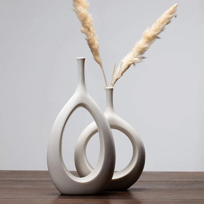 Set of 2 Modern Minimalist Ceramic Vases, Round Hollow