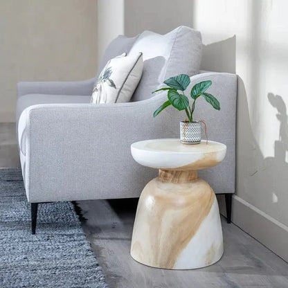 Solid Suar Wood Round Bell End Table, Natural