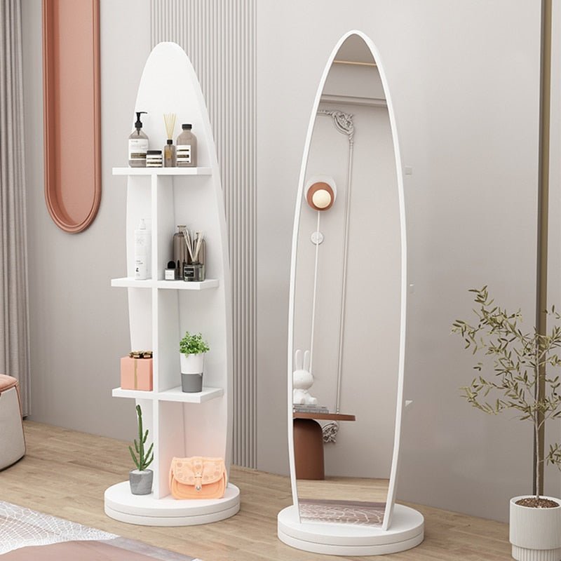 Rotating Swivel Full-Body Floor Mirror with Makeup Storage Shelves Oval