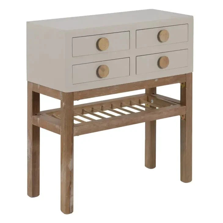 Taupe Solid Wood End Table, 4-Drawer Storage & Shelf