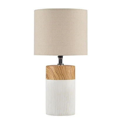 Textured Ceramic Table Lamp, Wood/White Matte Finish, Cream Linen Shade