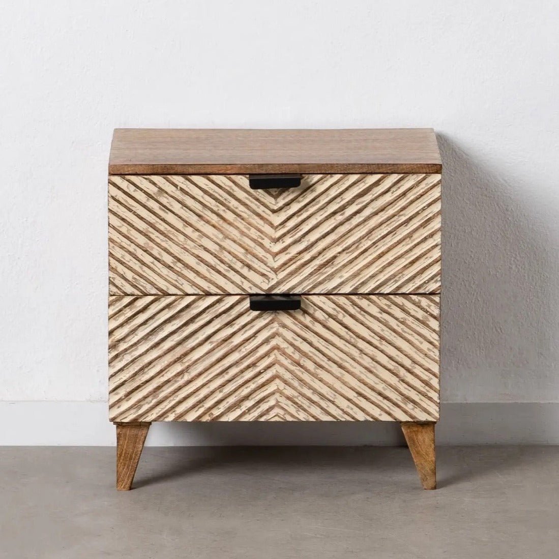 Natural Mango Wood End Table with 4 Storage Drawers, Geometric, Spanish Style